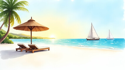 Fototapeta premium High quality photograph capturing beach vacation ambiance featuring thatched cabanas lounge chairs on white sand and distant sailboats gliding across calm azure waters at sunset in Photo Stock Conce