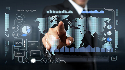 Handsome businessman interacting with futuristic data visualization interface, analyzing charts and graphs in a modern technological environment