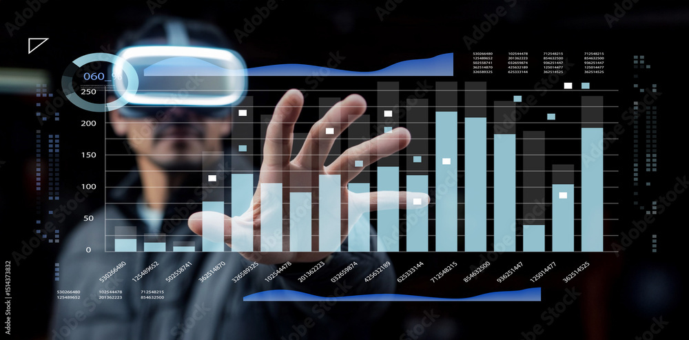 Poster person wearing virtual reality headset interacting with data visualization on screen in futuristic e