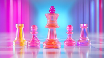 Iridescent glass chess pieces, king central, vibrant pink & blue background