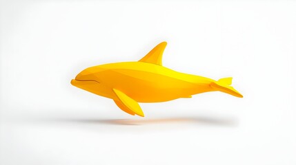 Low-poly, vibrant yellow orca, stylized,  rendered against a stark white backdrop, showcasing a minimalist, geometric design