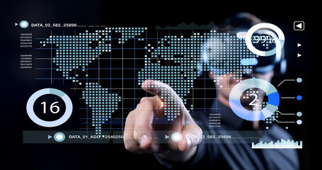 Futuristic Interface with Data Analytics, Global Map and User Interacting with Virtual Reality Technology in Modern Workspace Environment
