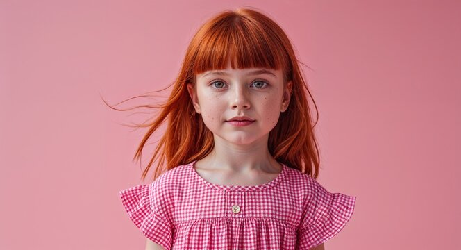 redhead girl in summer concept on pink plain bright background kid child young fashion outfit commercial photoshoot pose with copy space
