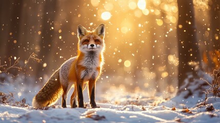 Obraz premium A fox standing in a snowy forest, light snowfall, golden sunrise peeking through the trees, ethereal lighting, cinematic mood 