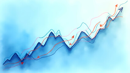 Abstract financial graph with uptrend line and arrows in stock market on blue color background symbolizing financial growth and market trends. concept as Abstract financial graph featuring uptrend lin