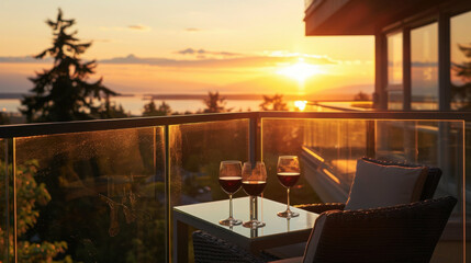 Fototapeta premium Sunset balcony wine glasses relaxing view