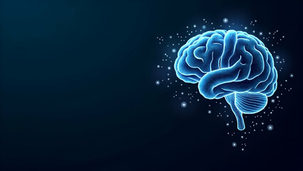 Low Poly Brain AI Symbol: Abstract Vector Illustration of Human Brain in Wireframe with Dots on Dark Background - Concept of Wisdom and Intelligence