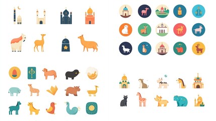 A collection of colorful flat-style icons depicting various animals, religious structures, and cultural symbols, likely representing a specific region or culture