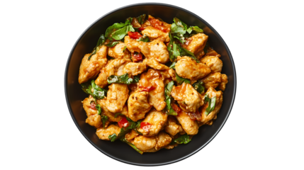 A top down view of a bowl filled with chicken basil stir fry  in soft lighting isolated on transparent background