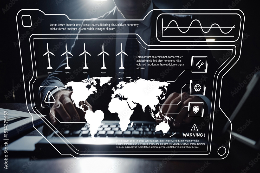 Poster advanced technology interface with global map, wind turbines, data analytics, and warning for renewa