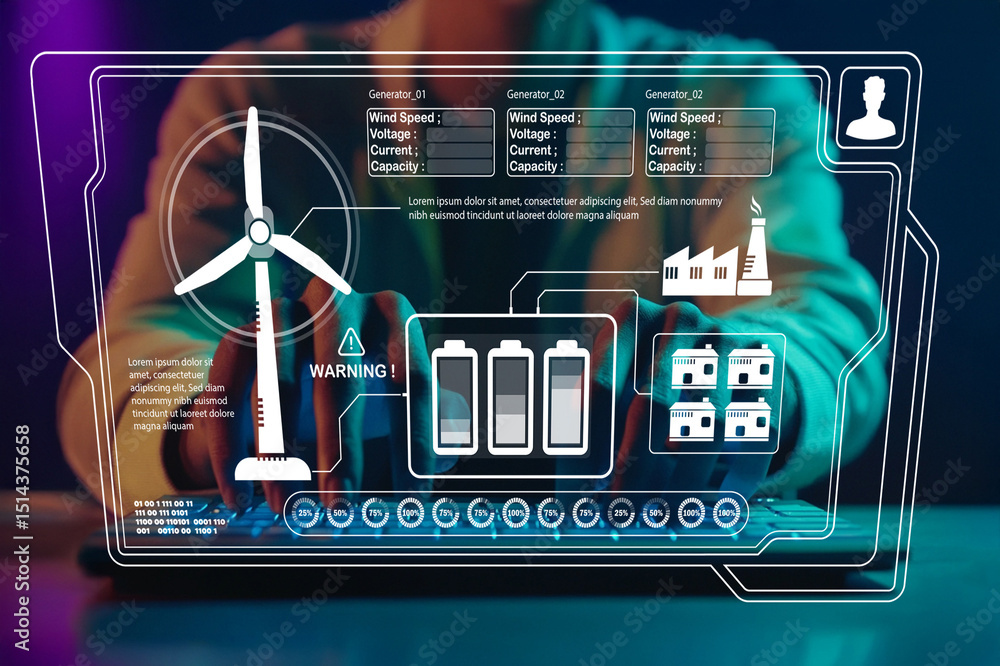 Poster innovative wind energy management system with monitoring interface and battery storage visualization