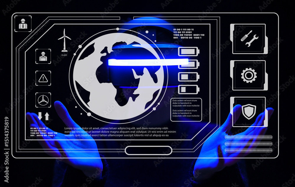 Aufkleber futuristic hands reaching towards a digital interface displaying a global map and technology symbols