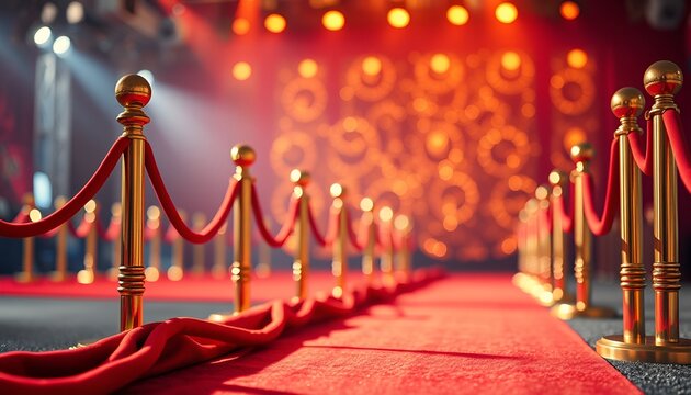 An elegant red carpet entrance illuminated by spotlights invites guests to an exclusive event