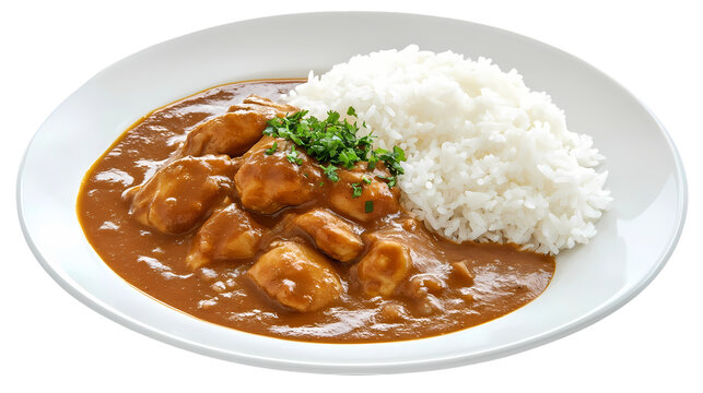 A plate of chicken curry with rice and garnish on a white plate in a close up studio shot view isolated on transparent background