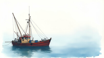 Fototapeta premium Deck of Fishing Boat Ready for Early Morning Catch: Rods, Reels, Nets & Bait Boxes Against Misty Seascape - Professional Stock Photo with Empty Space for Text