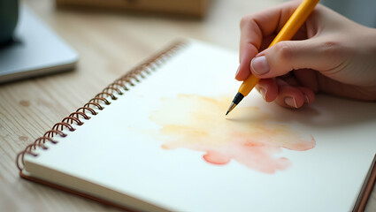 Close-Up of a Person Writing in a Notebook with a Yellow Pen: Highlighting Creativity and Organization in a Cozy Setting - Perfect for Stock Photos with Space for Text