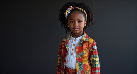African girl in travel concept on black plain bright background kid child young fashion outfit commercial photoshoot pose with copy space