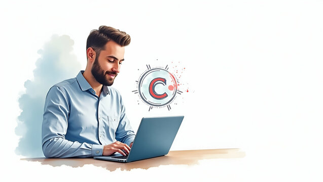 Businessman Using Laptop with Copyright Icon: Visualizing Author Rights, Patented IP, Copyleft, and Trademark Licenses in Stock Photo Concept with Empty Space for Text