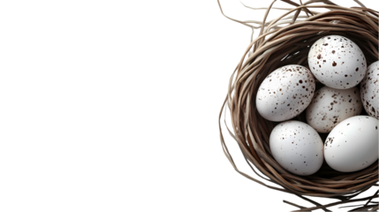 A bird's nest filled with speckled eggs sits   with space for text on the left isolated on transparent background