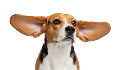 Portrait of a beagle with flying ears isolated on a solid background for pet lovers and animal enthusiasts