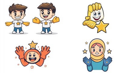 Naklejka premium Four cheerful cartoon characters, two boys and two girls, each with orange gloves and a star, showcasing diverse ethnicities in a friendly, vibrant style