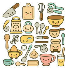 Kawaii kitchen utensils line isolated vector file
