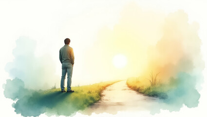Obraz premium Inspirational Imagery of Individual Contemplating Career Possibilities Outdoors at Symbolic Crossroads - Photo Stock Concept with Empty Space for Text on Left Side