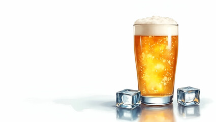Ultimate Refreshment: Cold Lager Poured into Frosty Glass with Melting Ice Cubes on Reflective Surface - Perfect for Beverage Concepts