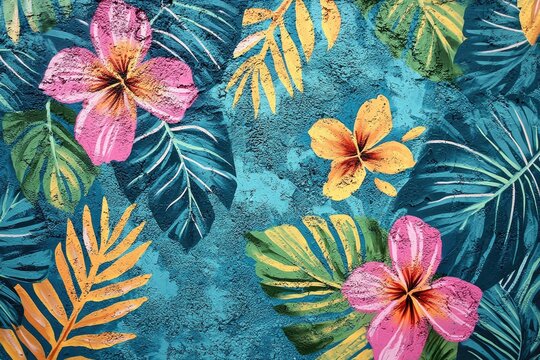 Vibrant tropical floral pattern on textured surface.