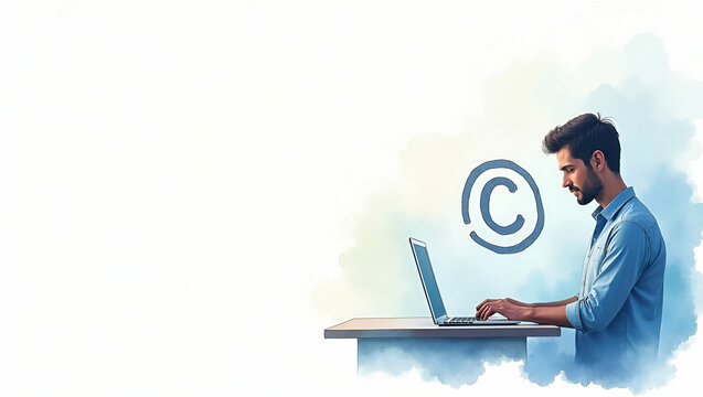 Businessman Operating Laptop with Copyright Icon: Author Rights, Patented IP, Copyleft, Trademark Licenses - Conceptual Image with Empty Space on Left Side