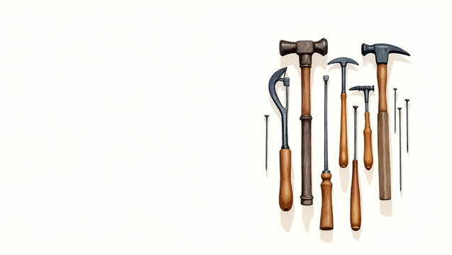 Refined Hammer and Nails Ensemble: Traditional Hand Tools for Precise Construction and Meticulous Repairs - Quality Photo Stock Concept with Empty Space for Customization