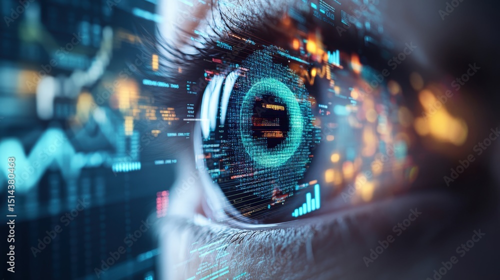Poster close-up of futuristic digital technology interface with holographic data points and glowing data st