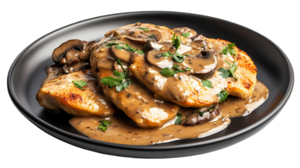 Chicken breast with mushroom sauce and parsley garnish served on a dark plate in a close up shot isolated on transparent background