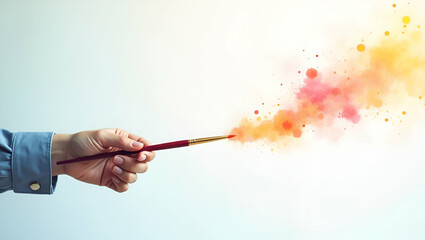 Fototapeta premium Photo Realistic Image of a Person with a Magic Paintbrush and Floating Color Palettes - Ideal for Painting Service Delivery Concepts in Stock Photography