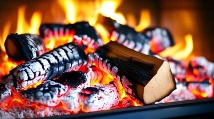Fiery embers and burning logs glow intensely within a dark hearth, casting warm orange and red light