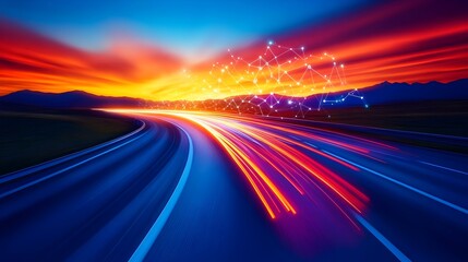 Obraz premium Vibrant sunset over a curving highway with light trails, overlaid by a glowing network node graphic