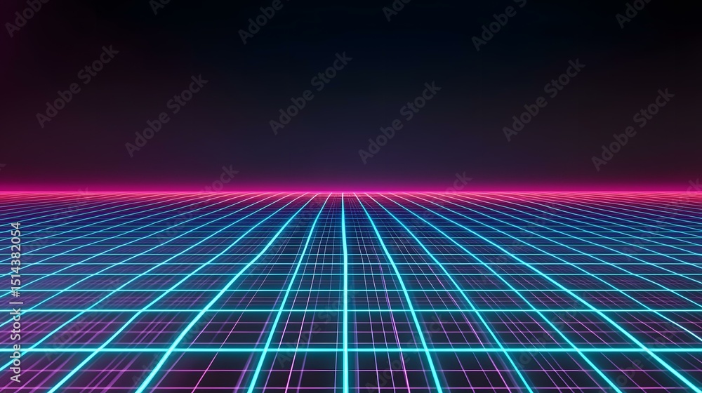 Poster the image contains a grid-like surface with bright cyan and pink neon lines against a dark backgroun