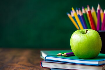 Back to school concept with green apple and colorful pencils on wooden table