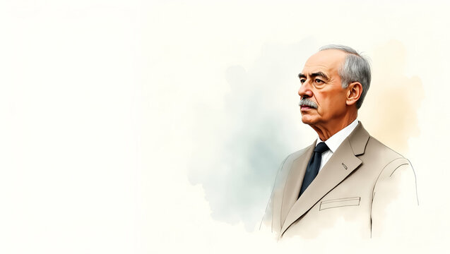 Retrato formal de Ataturk: l?der hist?rico con determinaci?n y visi?n moderna, imagen ic?nica en alta resoluci?n, ideal para destacar su figura emblem?tica en espacios publicitarios.