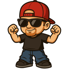 Fototapeta premium Cool Cartoon Character in Sunglasses with Red Baseball Cap and Baggy Jeans like the 90's Style – Vector Illustration Flexing in Happiness but still Chill
