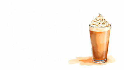 Pumpkin spice latte watercolor illustration full cup fall drink defined outlines coffee whipped cream isolated white background concept as Delicious pumpkin spice latte whipped cream full cup watercol