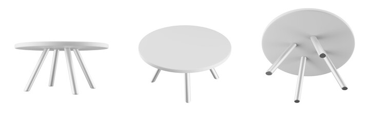 3D White round coffee table with four metal legs, Contemporary low round table