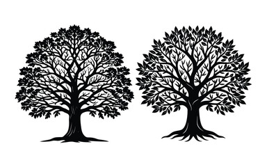 Black vector silhouettes of bare trees and branches illustrate a cold winter forest landscape against the sky.