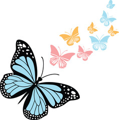 A light blue butterfly with black edges and smaller butterflies in the background on white