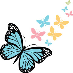 A large blue butterfly with smaller butterflies trailing behind on a white isolated background art