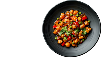A top view of a black bowl filled with chicken stir fry with peas and red peppers  isolated on transparent background