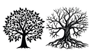 Vector tree silhouette set illustration shows black silhouettes of trees and leaves, a nature design symbol.
