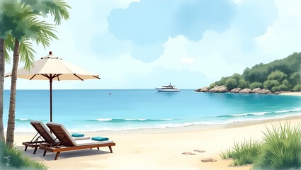 Obraz premium Professional composition illustrating private beach estate featuring secluded shoreline chaise lounges discreet access path and distant yacht under calm sea conditions in Photo Stock Concept and em