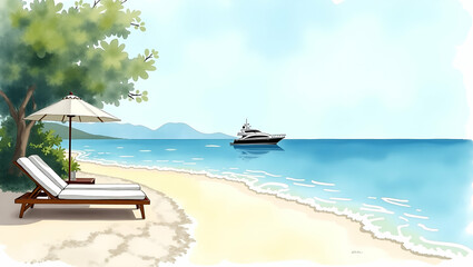 Obraz premium Private Beach Estate: Secluded Shoreline with Chaise Lounges, Discreet Access Path, Distant Yacht, Calm Sea - Perfect for Luxury Living Concepts - Empty Space for Text