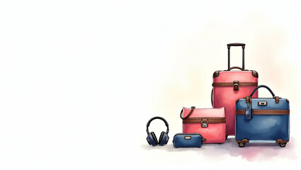 Fototapeta premium High definition visual showcasing high end travel essentials including designer luggage collections luxury toiletry kits noise canceling headphones and portable power stations for discerning travelers